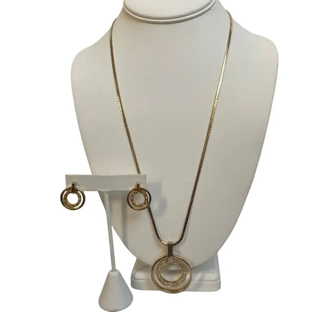 Gold Tone Circle Pendant Necklace Earring Set Rhinestone Inlay 24